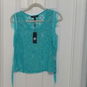 Blue fringe trim lace top